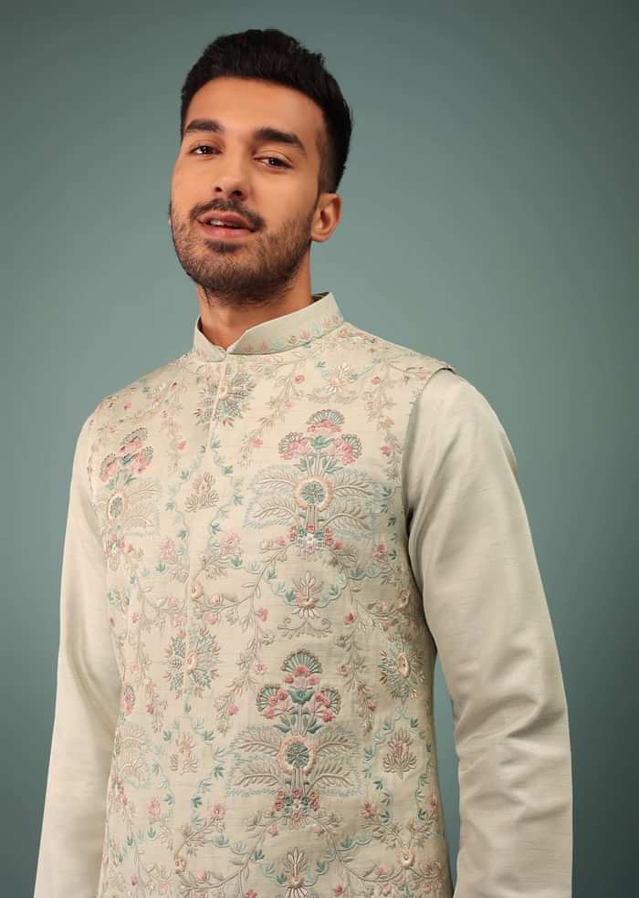 Light Jade Blue Bandi Jacket Set In Raw Silk With Floral Embroidery