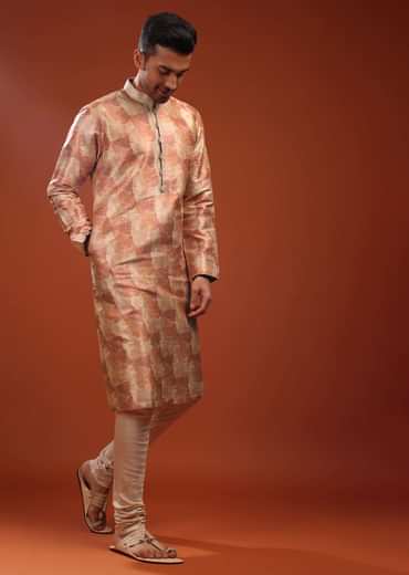 Peach Kurta Set In Bangalore Silk With Print And Brocade Weave Buttis