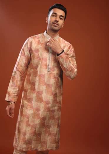 Peach Kurta Set In Bangalore Silk With Print And Brocade Weave Buttis