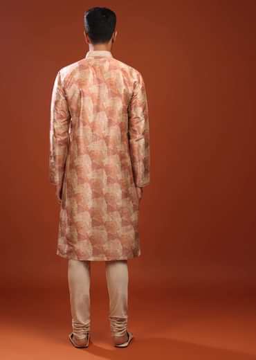 Peach Kurta Set In Bangalore Silk With Print And Brocade Weave Buttis