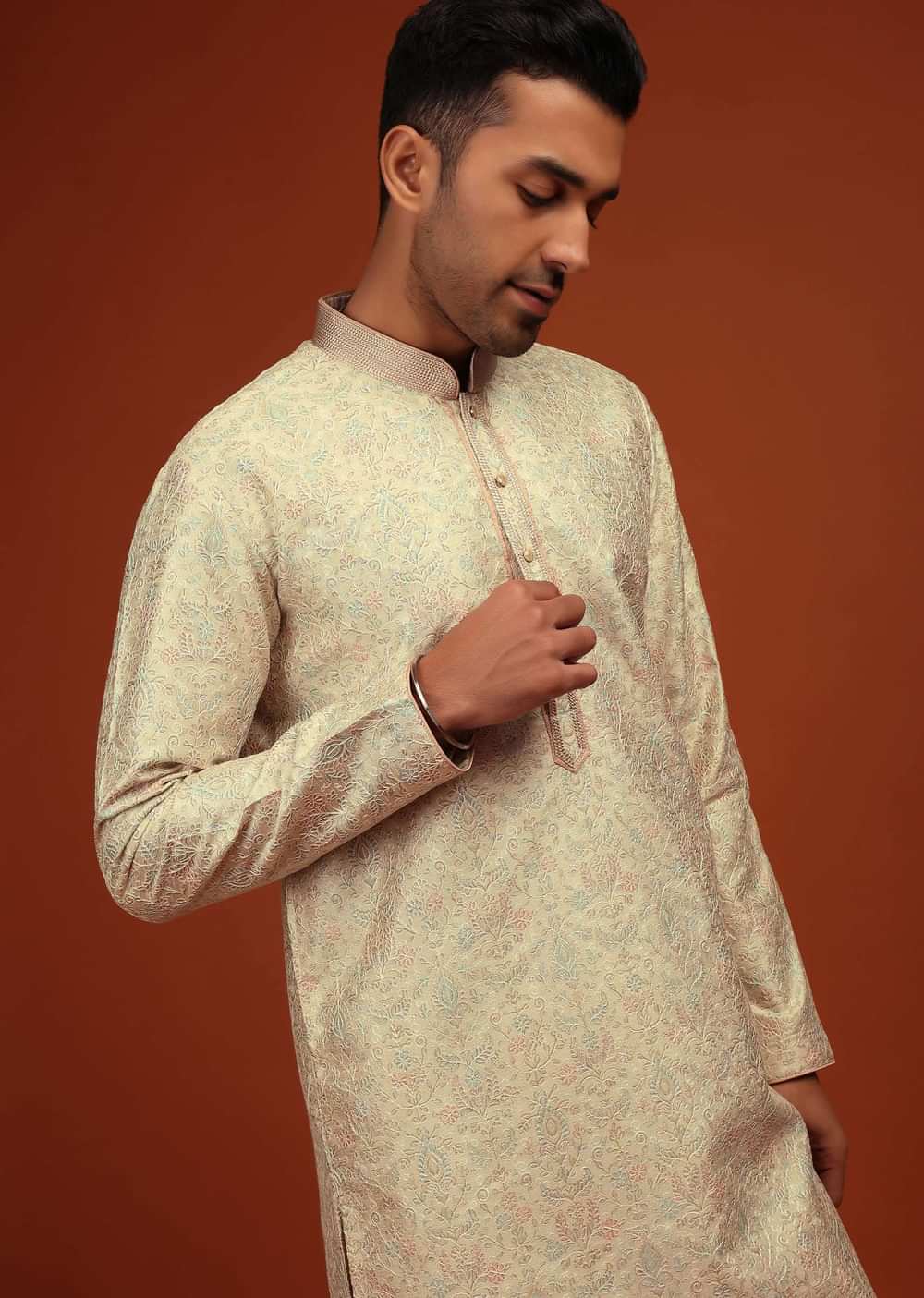 Festive Glass Green Kurta Set In Bangalore Silk With Embroidered Florals