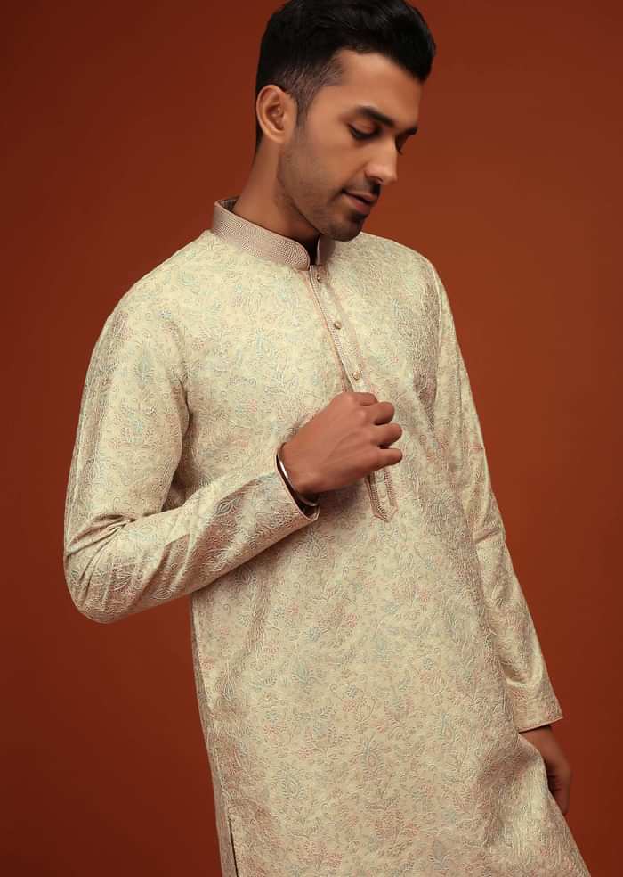 Festive Glass Green Kurta Set In Bangalore Silk With Embroidered Florals