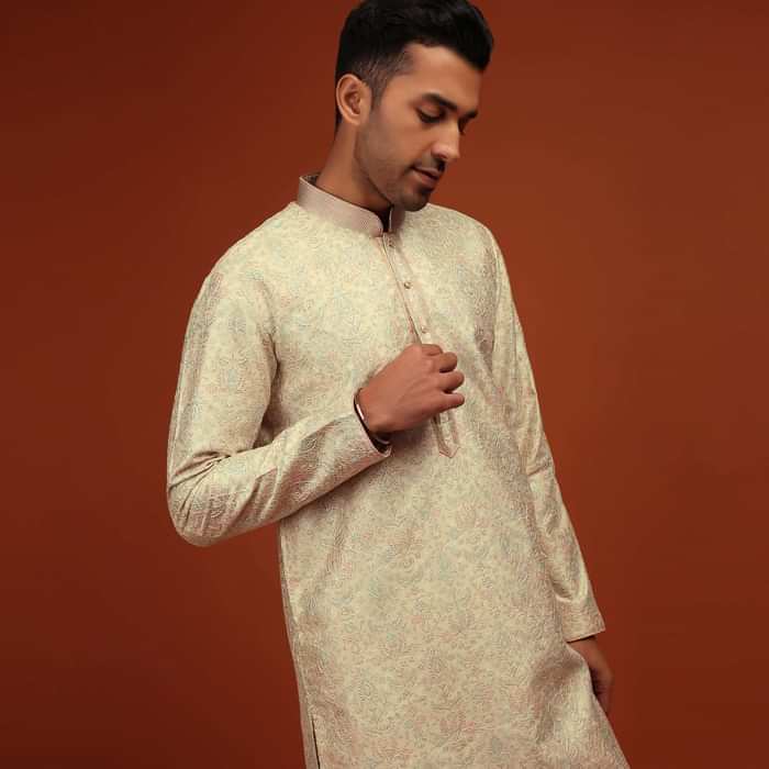 Festive Glass Green Kurta Set In Bangalore Silk With Embroidered Florals