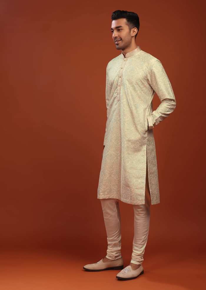 Festive Glass Green Kurta Set In Bangalore Silk With Embroidered Florals