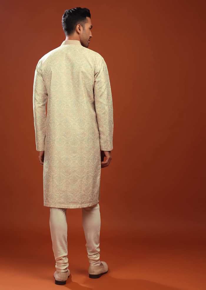 Festive Glass Green Kurta Set In Bangalore Silk With Embroidered Florals