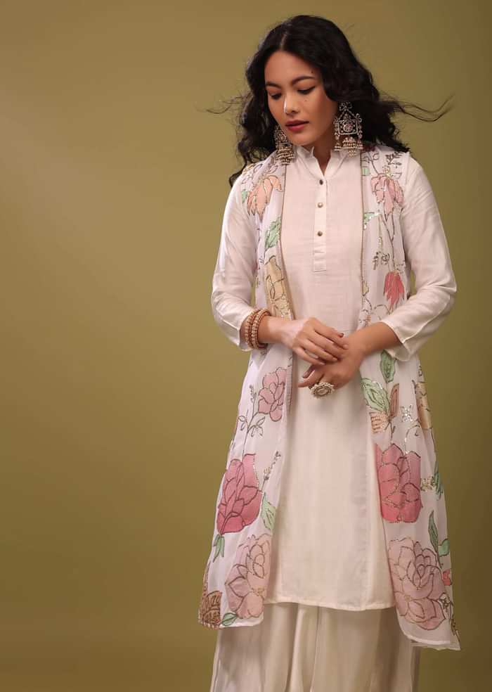 Festive Bright White Princess Kurta With Cowl Pants And An Embroidered Floral Jacket