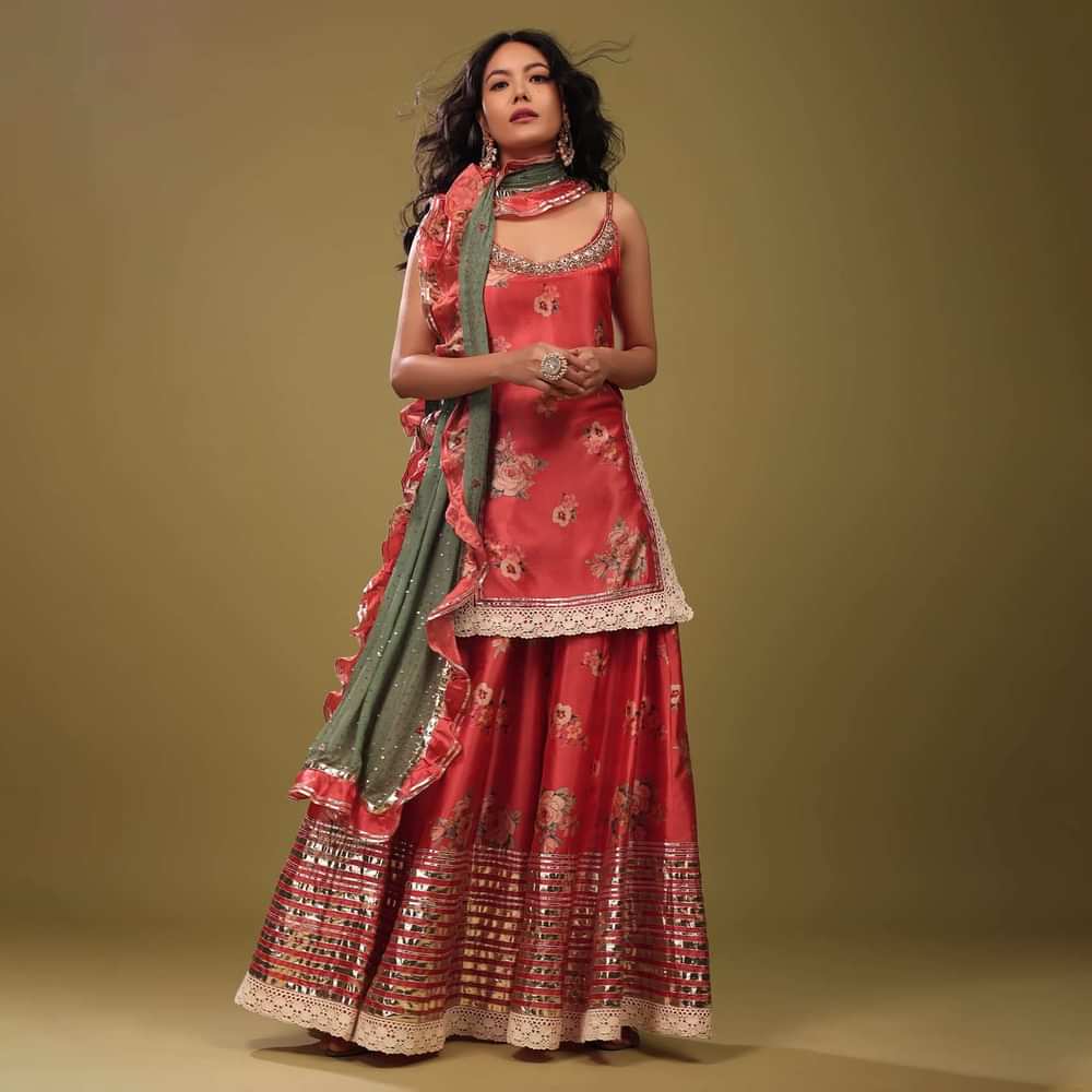 Festive Salmon Red Palazzo Suit Set In Silk With A Fancy Frill Dupatta