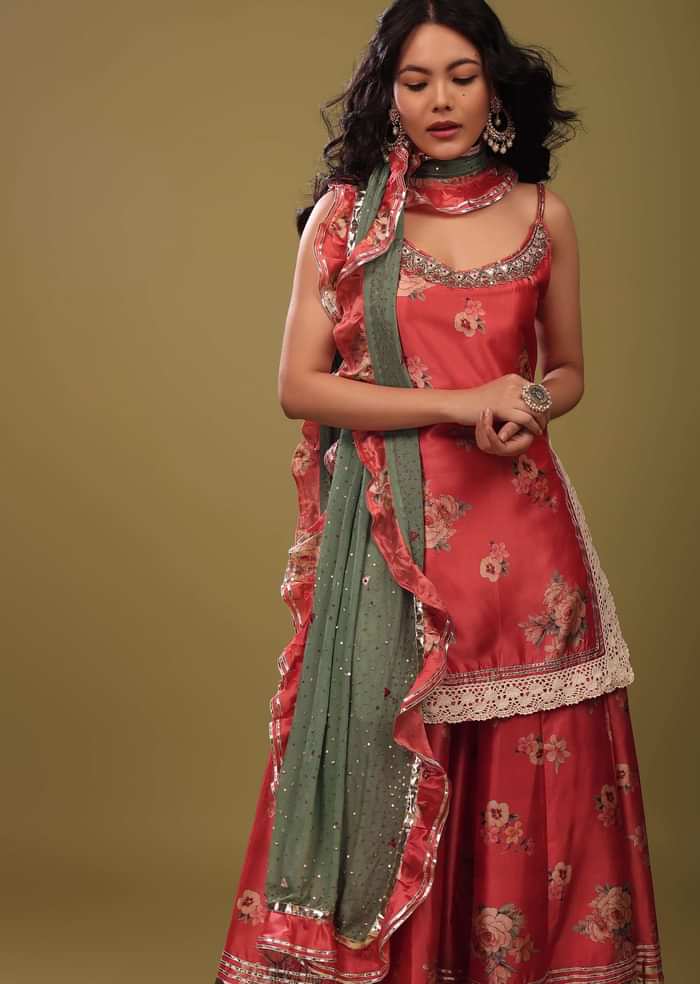 Festive Salmon Red Palazzo Suit Set In Silk With A Fancy Frill Dupatta