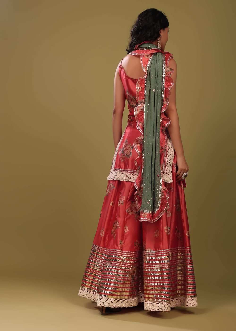 Festive Salmon Red Palazzo Suit Set In Silk With A Fancy Frill Dupatta