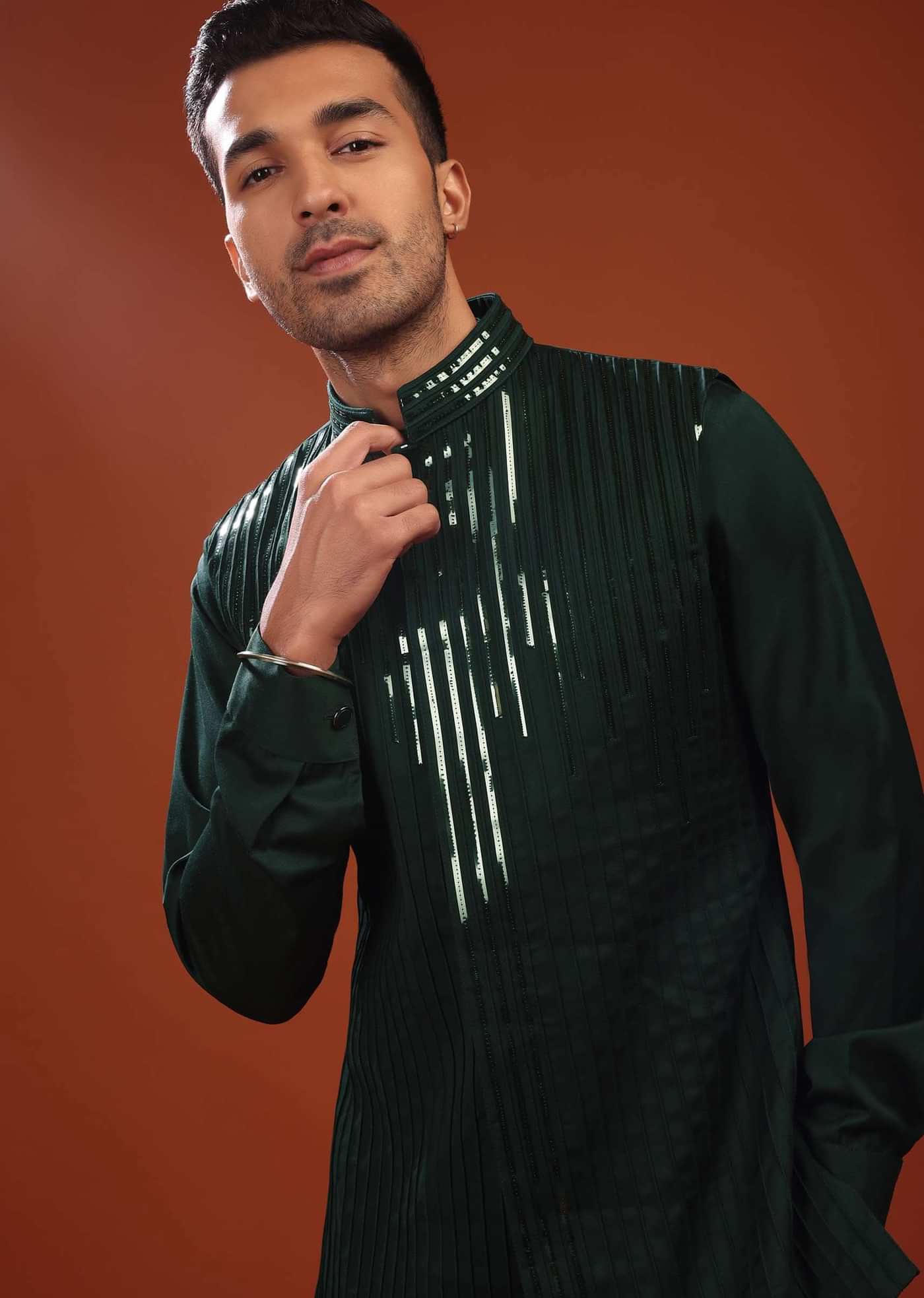 Forest Green Sherwani Set For Groomsmen In Mini Silk