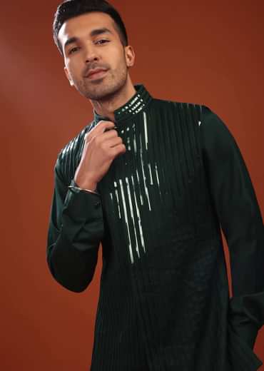 Forest Green Sherwani Set For Groomsmen In Mini Silk