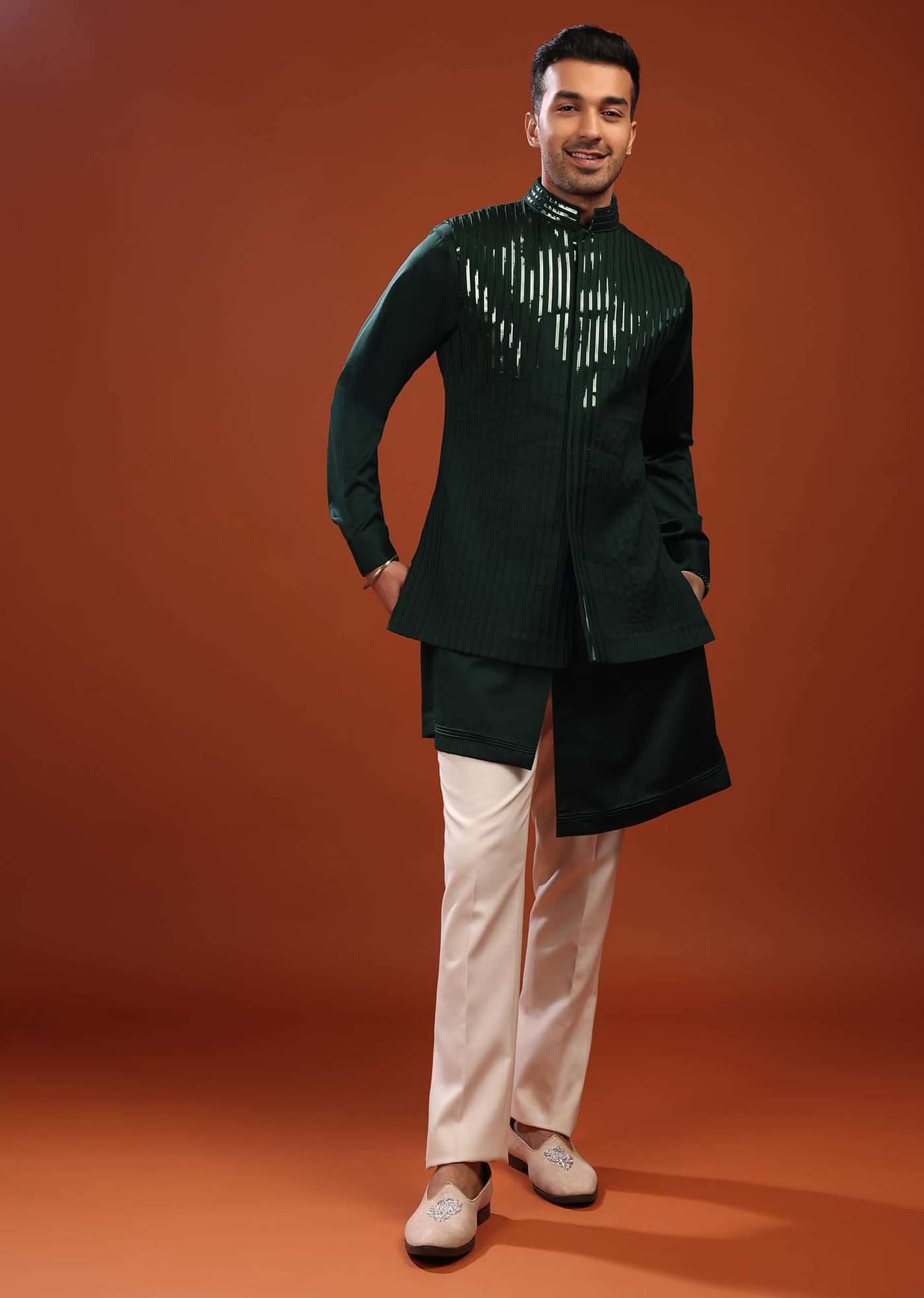 Forest Green Sherwani Set For Groomsmen In Mini Silk
