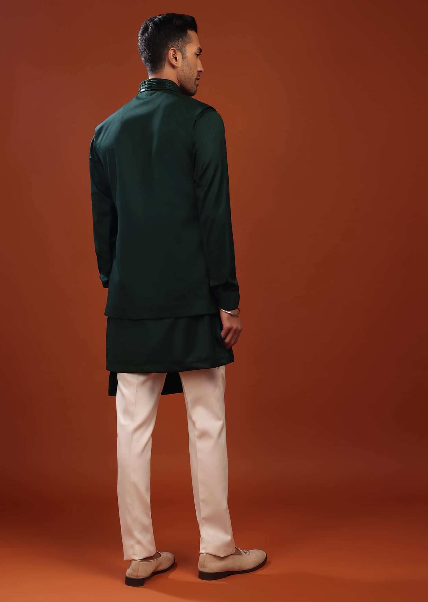 Forest Green Sherwani Set For Groomsmen In Mini Silk