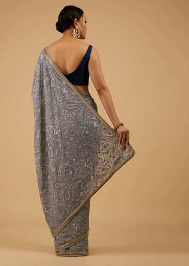 Powder Blue Festive Saree Kashmiri Embroidered In Georgette