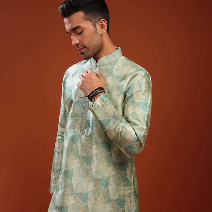 Light Sea Green Kurta Set In Bangalore Silk With Print And Brocade Weave Buttis