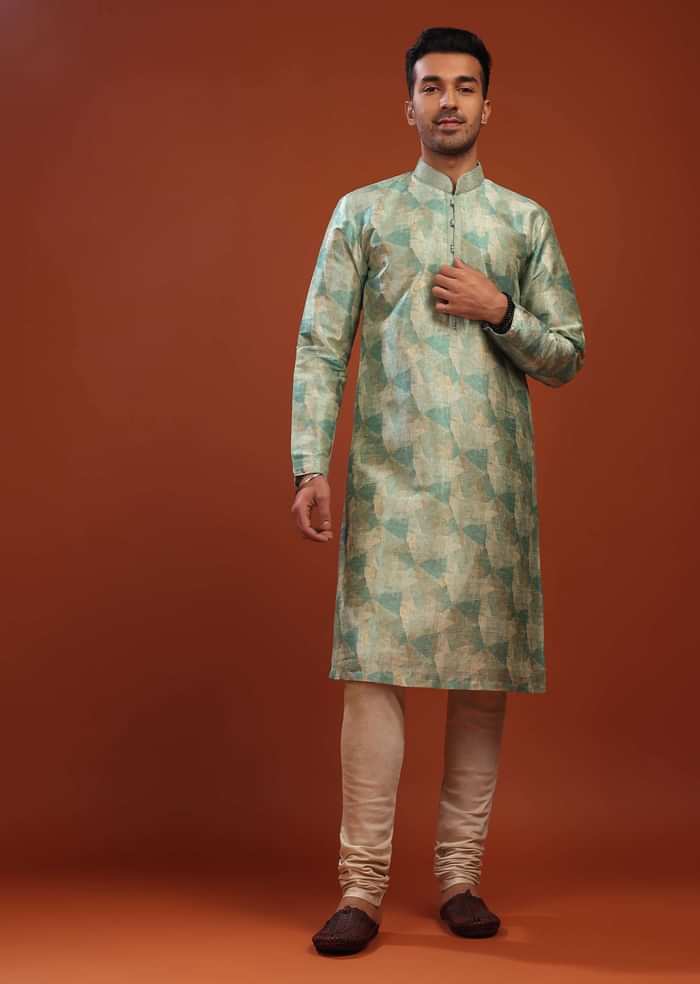 Light Sea Green Kurta Set In Bangalore Silk With Print And Brocade Weave Buttis