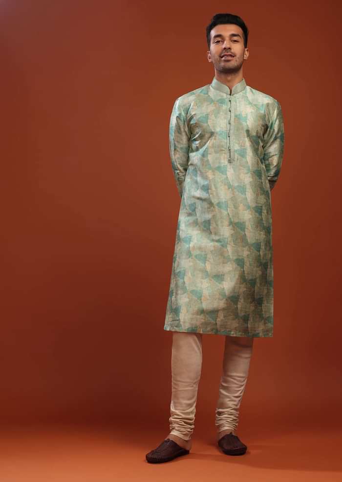 Light Sea Green Kurta Set In Bangalore Silk With Print And Brocade Weave Buttis