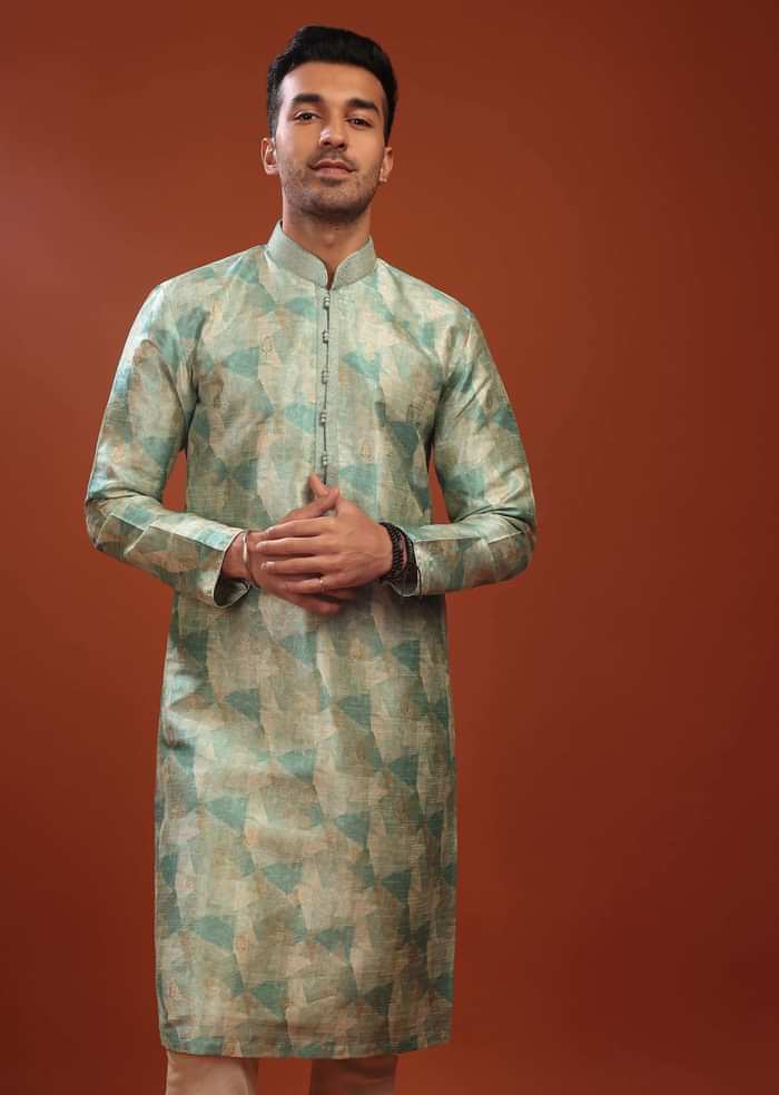 Light Sea Green Kurta Set In Bangalore Silk With Print And Brocade Weave Buttis