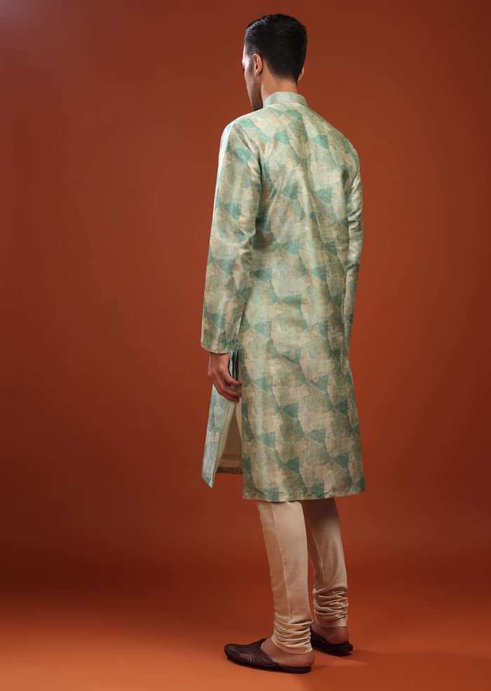 Light Sea Green Kurta Set In Bangalore Silk With Print And Brocade Weave Buttis