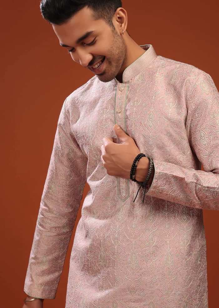 Blush Pink Kurta Set In Bangalore Silk With Embroidered Florals