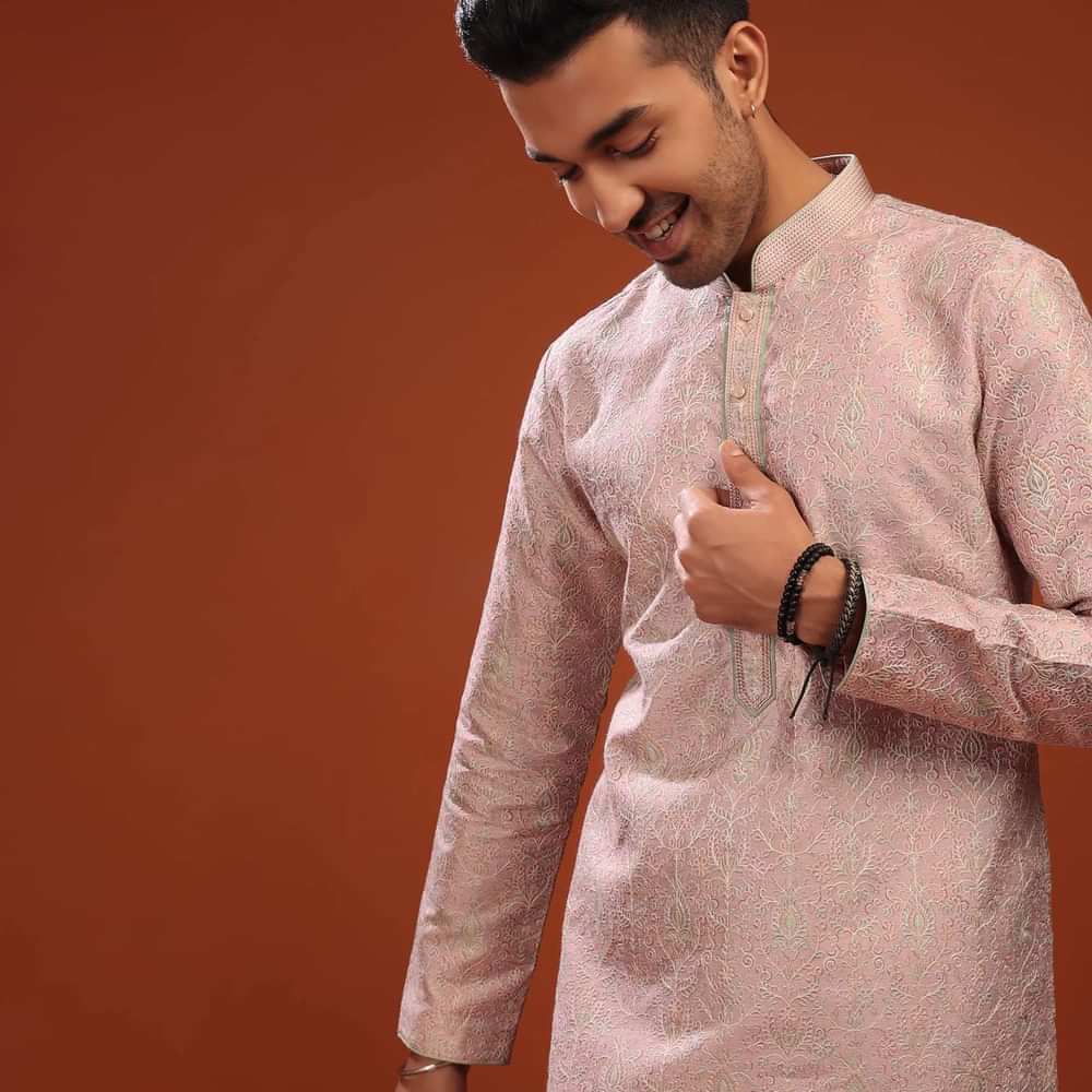 Blush Pink Kurta Set In Bangalore Silk With Embroidered Florals