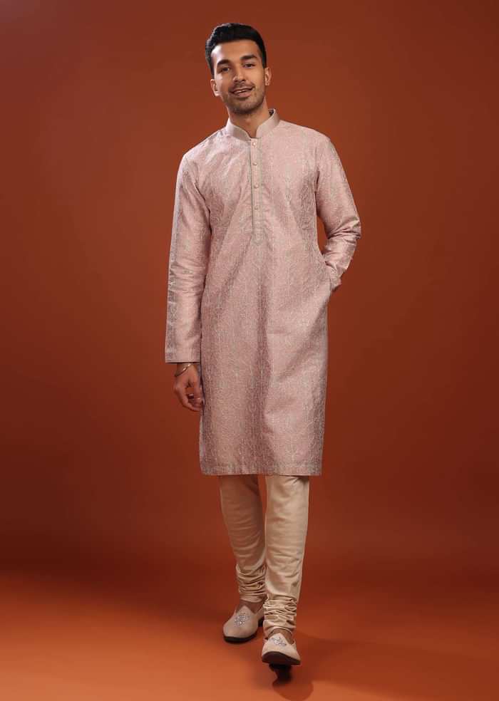 Blush Pink Kurta Set In Bangalore Silk With Embroidered Florals
