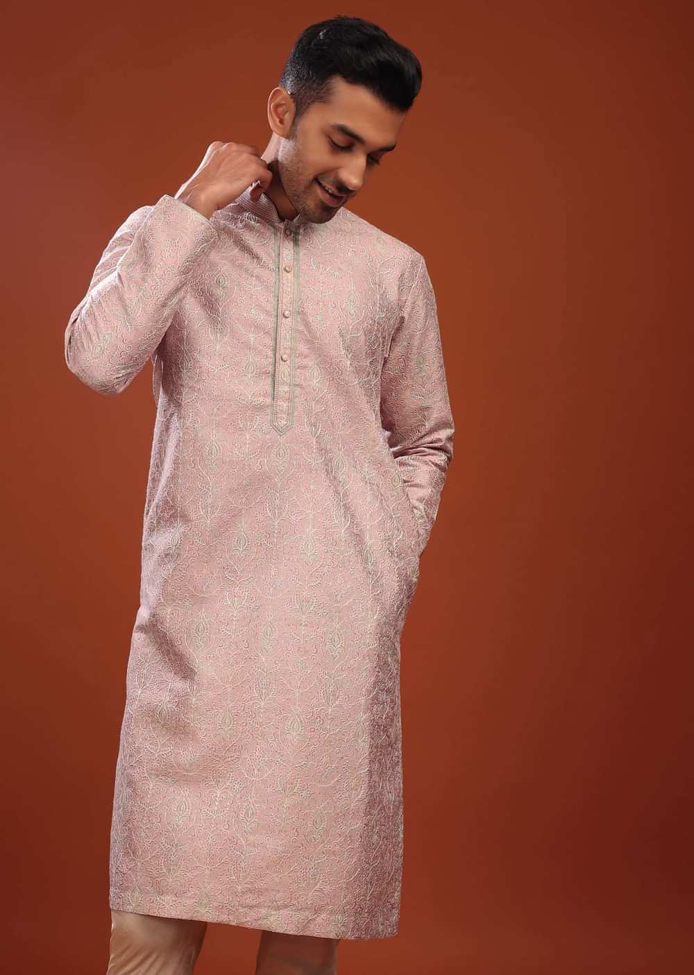 Blush Pink Kurta Set In Bangalore Silk With Embroidered Florals