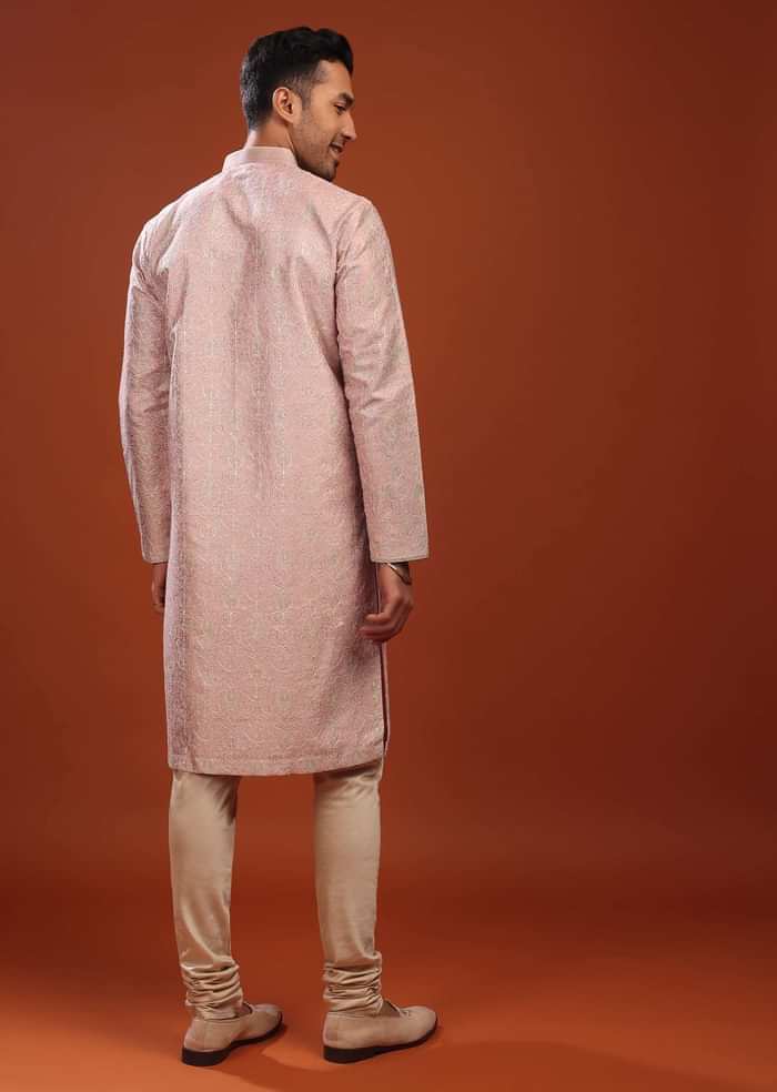 Blush Pink Kurta Set In Bangalore Silk With Embroidered Florals