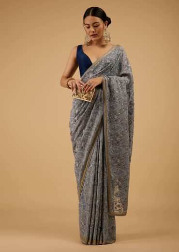 Festive Fog Grey Saree Kashmiri Floral Embroidered In Georgette