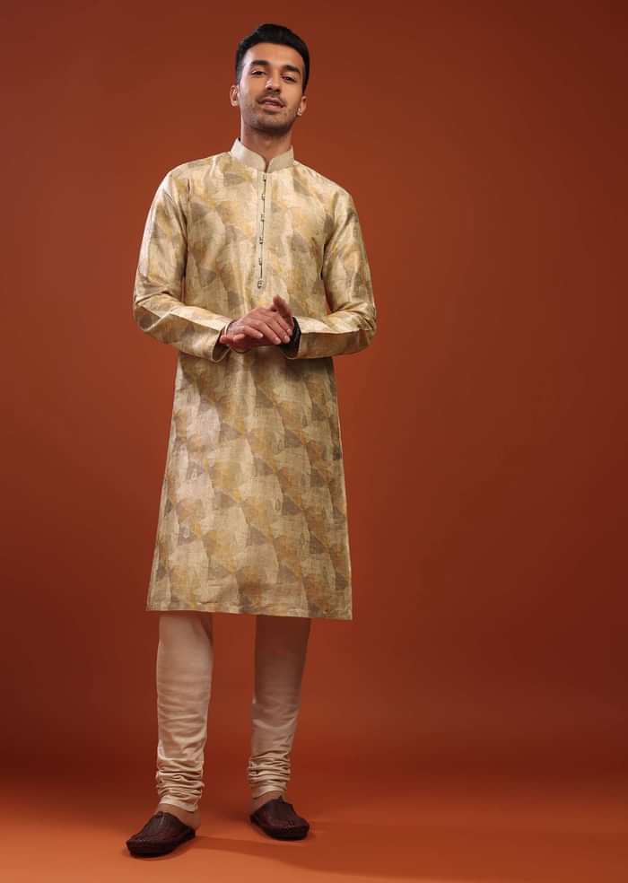Daffodils Yellow Kurta Set In Bangalore Silk With Print And Brocade Weave Buttis