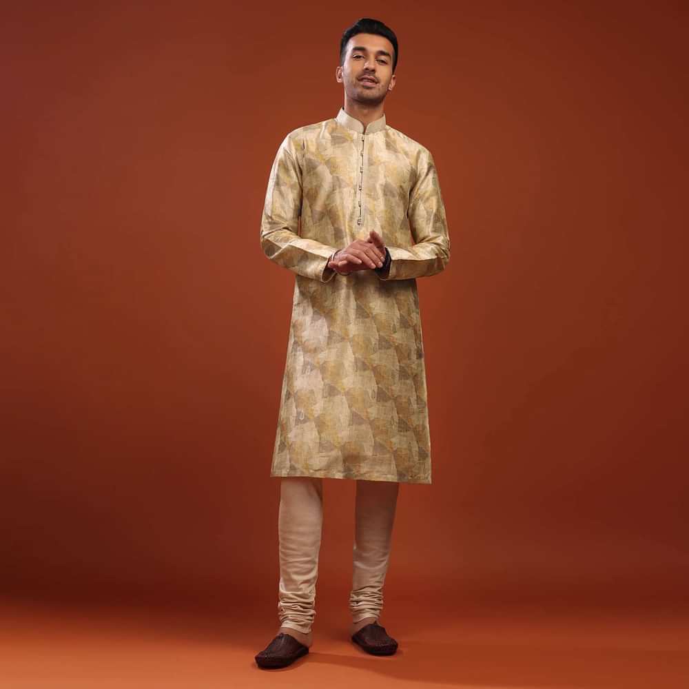 Daffodils Yellow Kurta Set In Bangalore Silk With Print And Brocade Weave Buttis