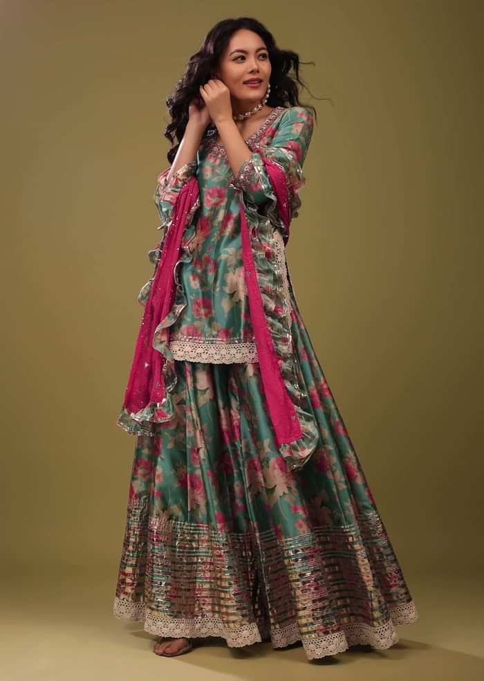 Festive Mint Blue Palazzo Suit Set In Silk With A Fancy Frill Dupatta