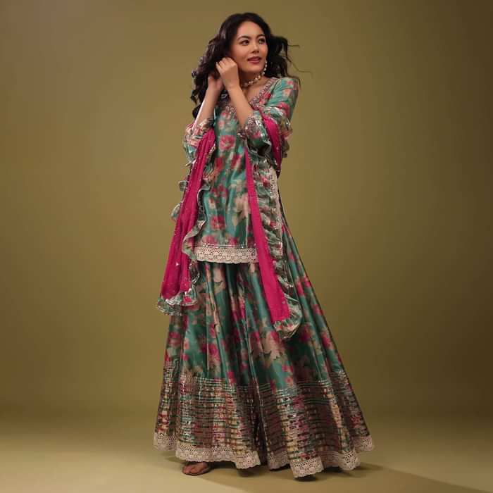 Festive Mint Blue Palazzo Suit Set In Silk With A Fancy Frill Dupatta