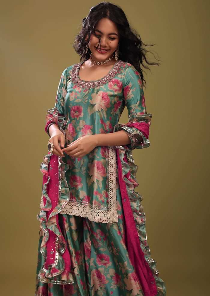 Festive Mint Blue Palazzo Suit Set In Silk With A Fancy Frill Dupatta