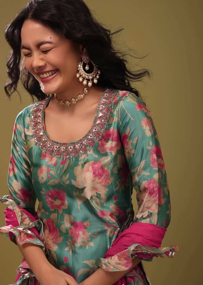 Festive Mint Blue Palazzo Suit Set In Silk With A Fancy Frill Dupatta