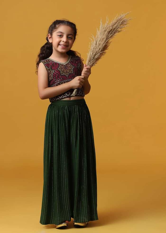 Kalki Forest Green Embroidered Top And Palazzo Set With Jacket In Georgette For Girls