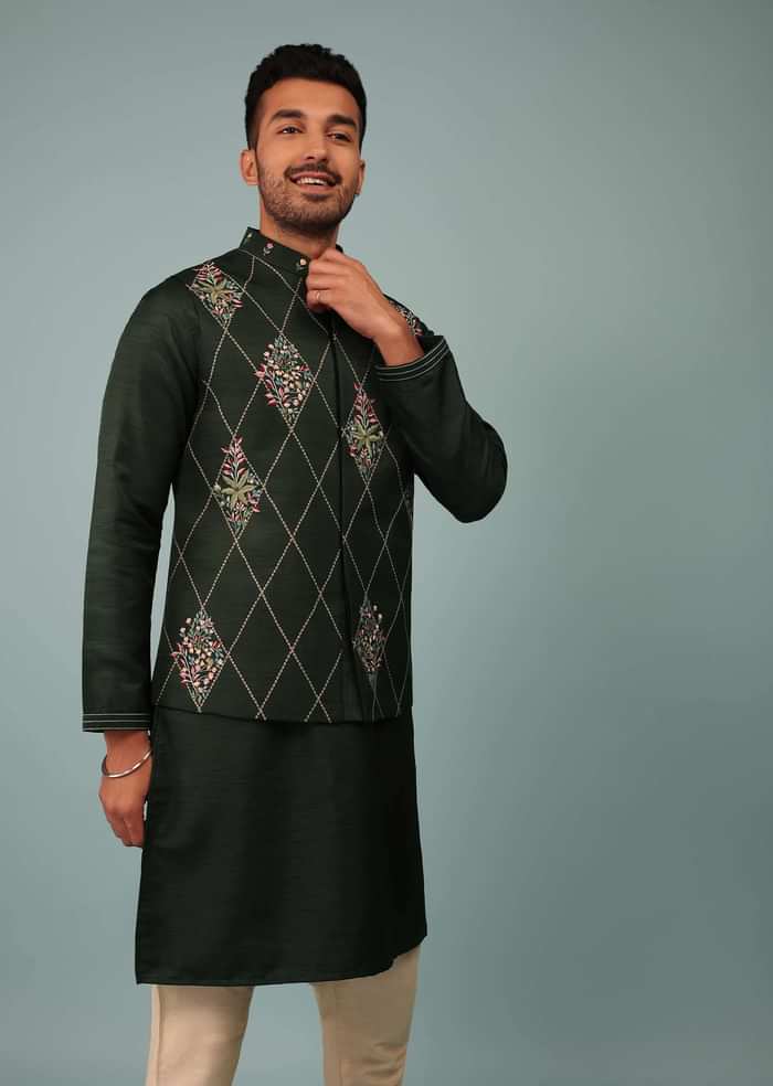 Deep Green Bandi Jacket Set In Raw Silk With Multicolor Floral Butti & Aari Embroidery