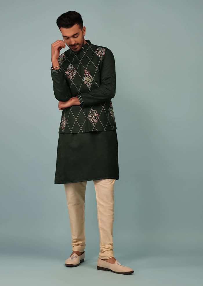 Deep Green Bandi Jacket Set In Raw Silk With Multicolor Floral Butti & Aari Embroidery