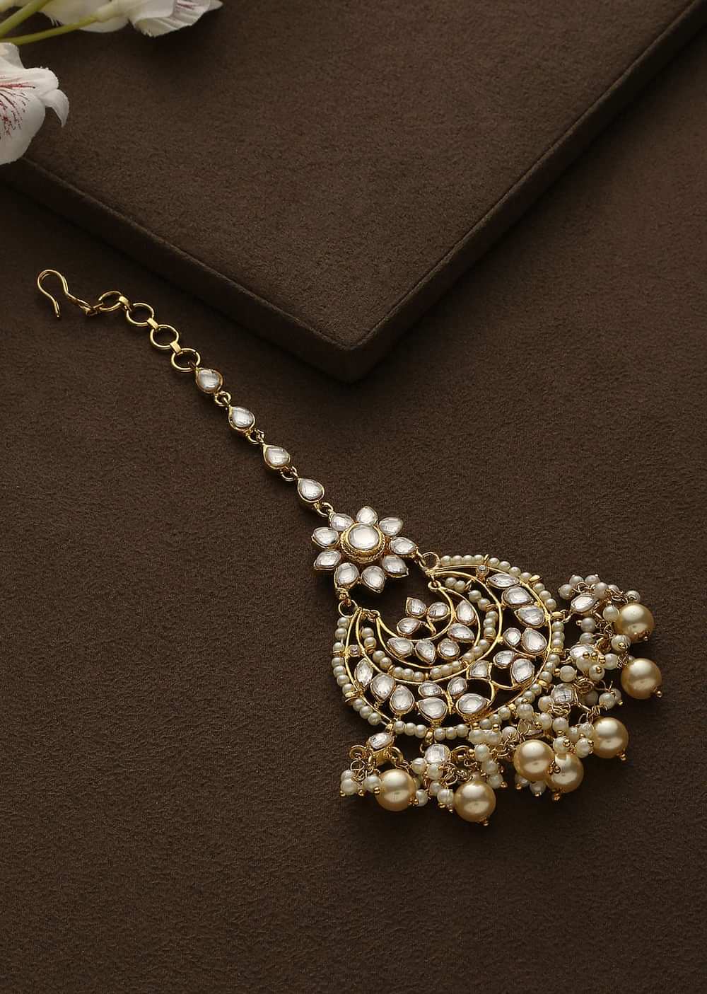 Gold Plated Kundan And Pearl Maang Tika