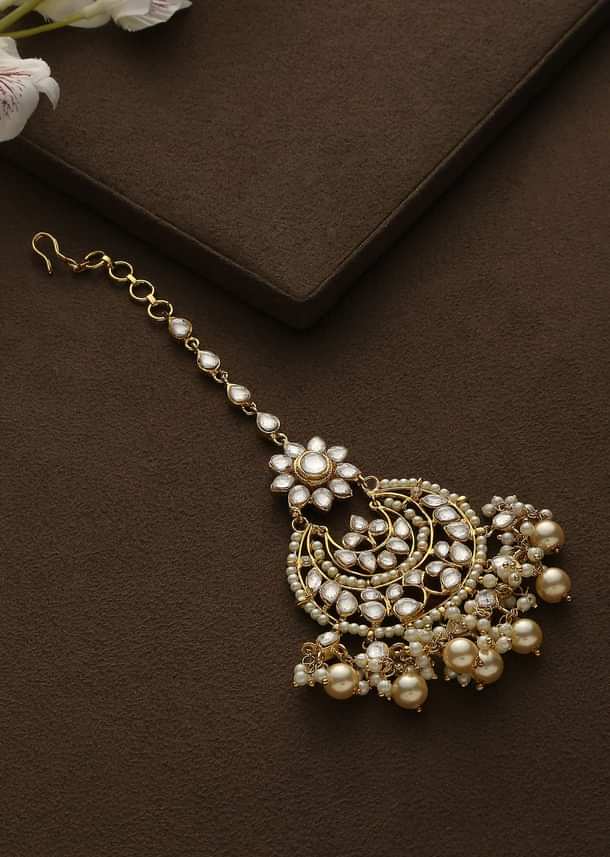 Gold Plated Kundan And Pearl Maang Tika