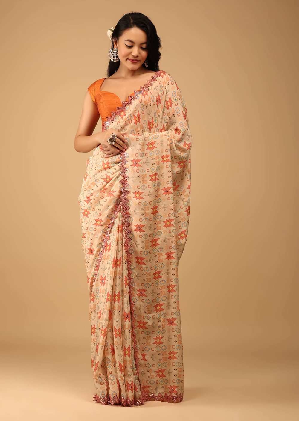 Sand Beige Saree In Muslin With Geometrical Print
