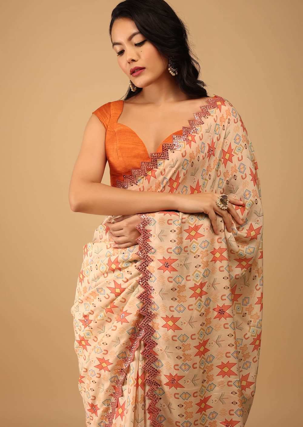 Sand Beige Saree In Muslin With Geometrical Print