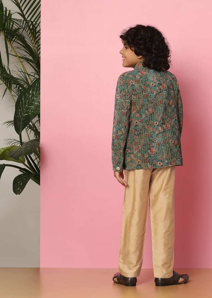 Kalki Green Velvet Sherwani Set With Sequins And Floral Print For Boys