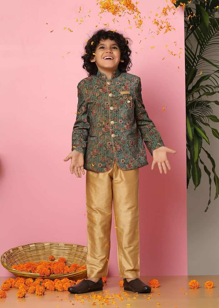Kalki Green Velvet Sherwani Set With Sequins And Floral Print For Boys
