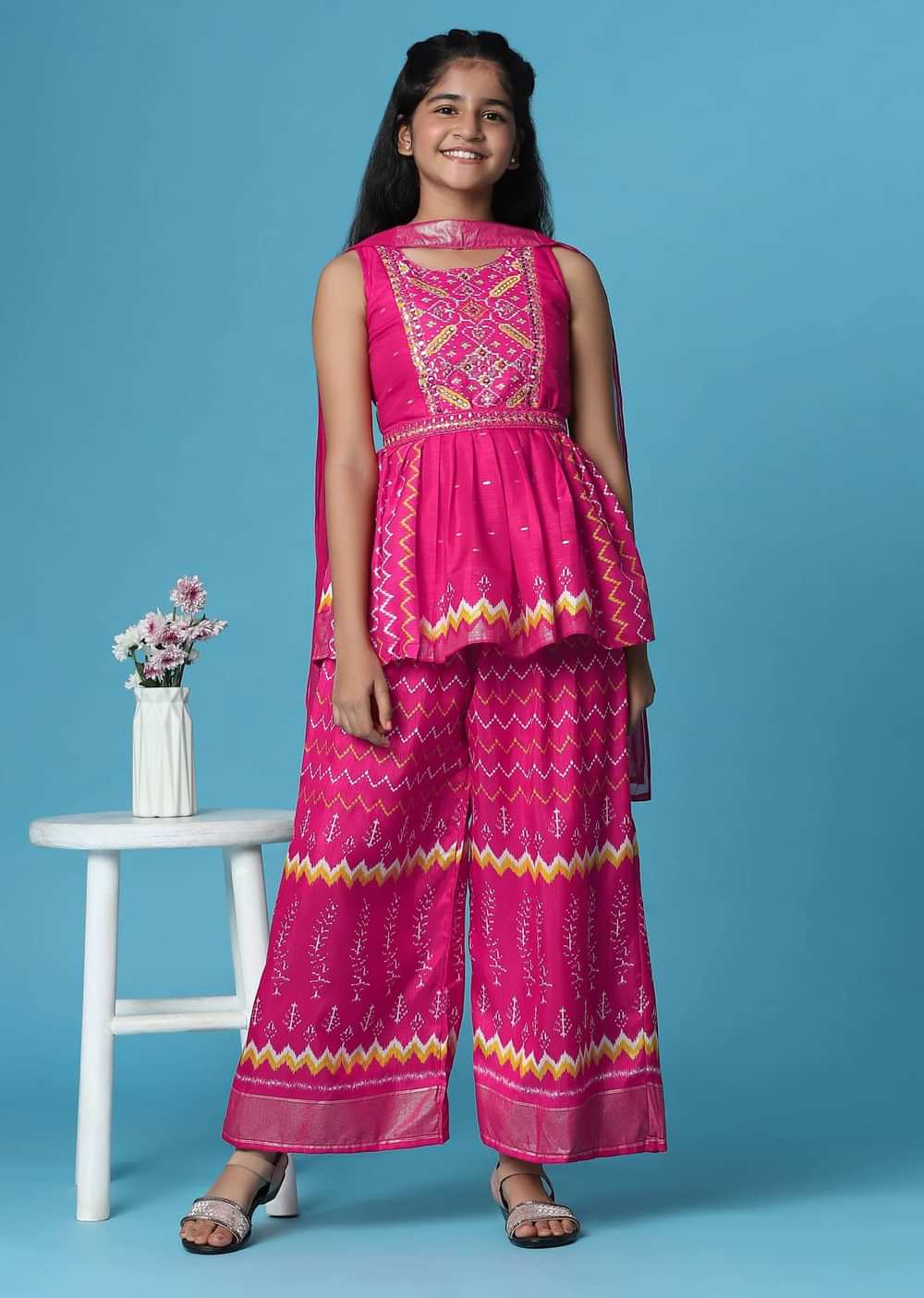 Kalki Hot Pink Printed Silk Kurti And Palazzo Set For Girls