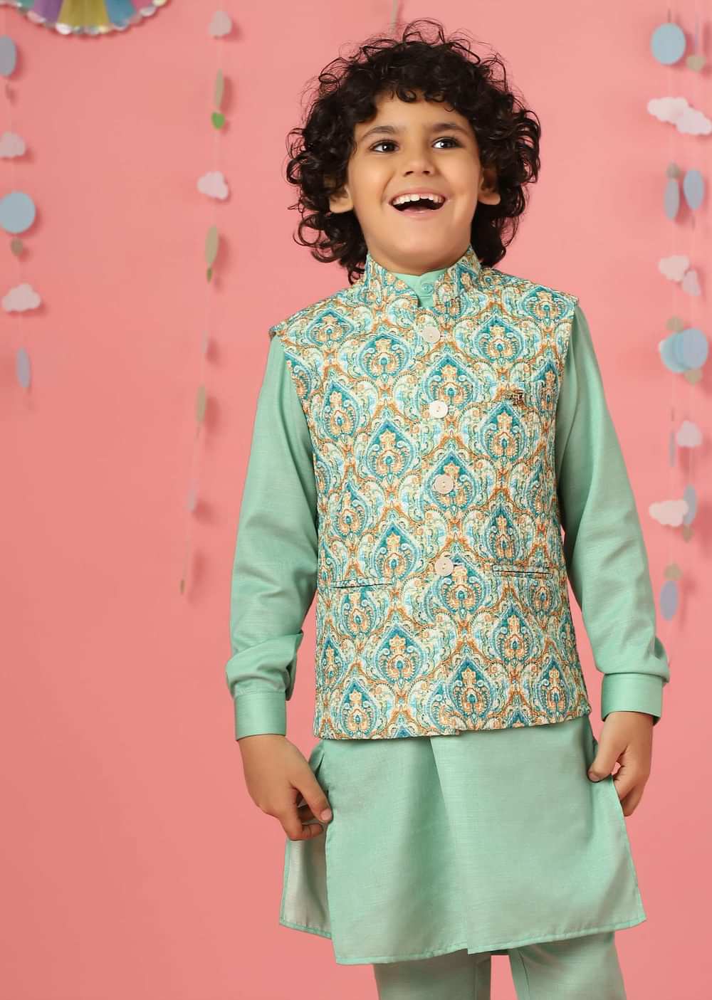 Kalki Ice Green Kurta Set In Silk With Multicolor Bandi Jacket For Boys