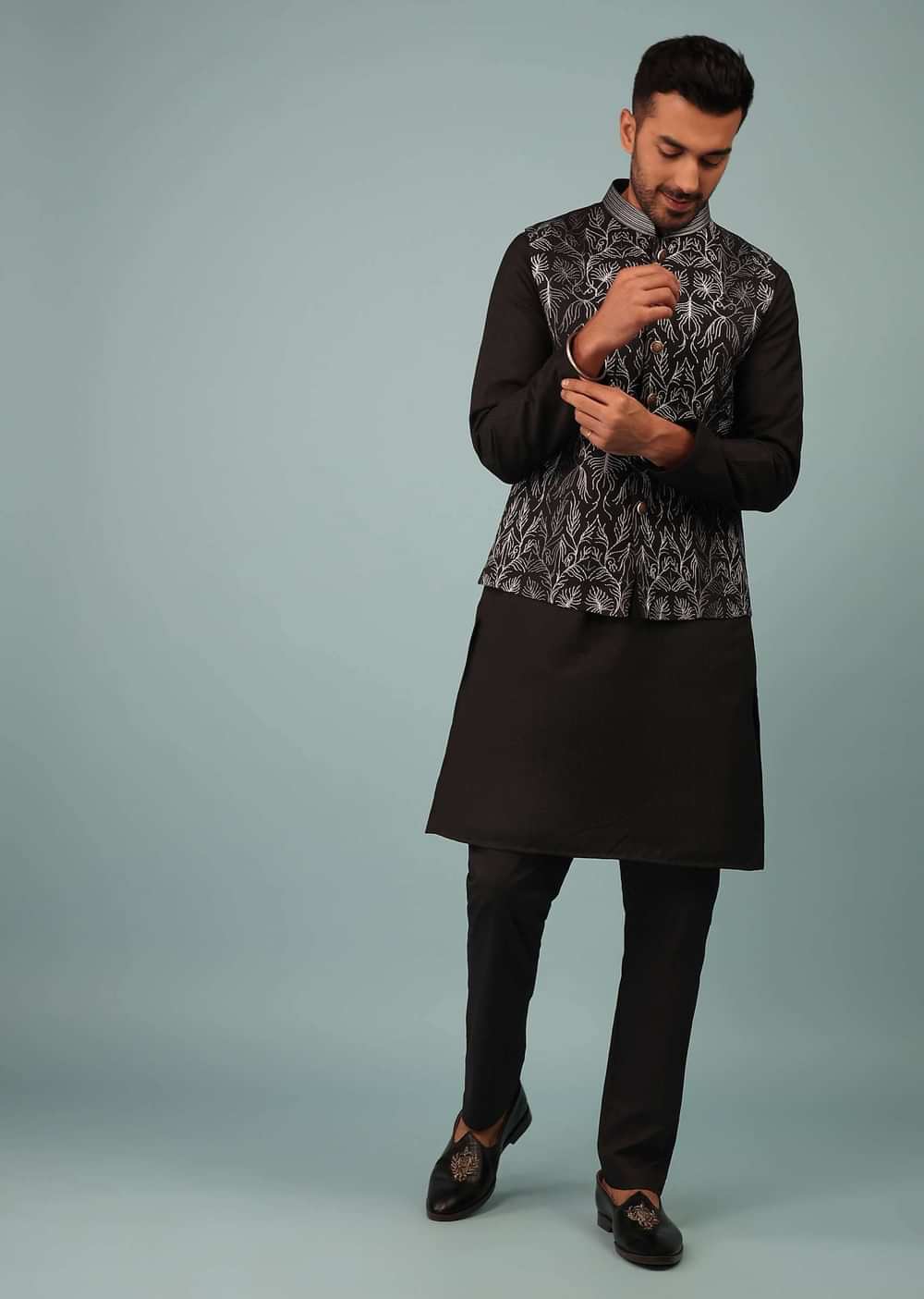 Black Bandi Jacket Set In Silk With Resham And Zari Aari Embroidery