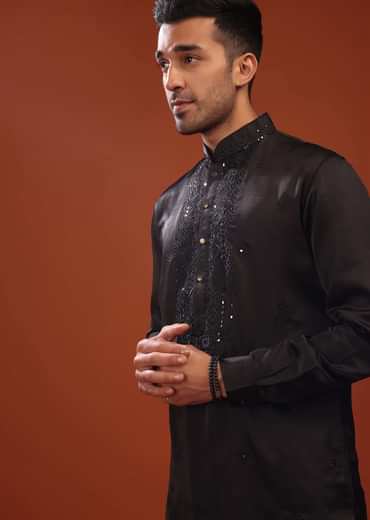 Black Festive Kurta In Mini Silk With Lucknowi Embroidery