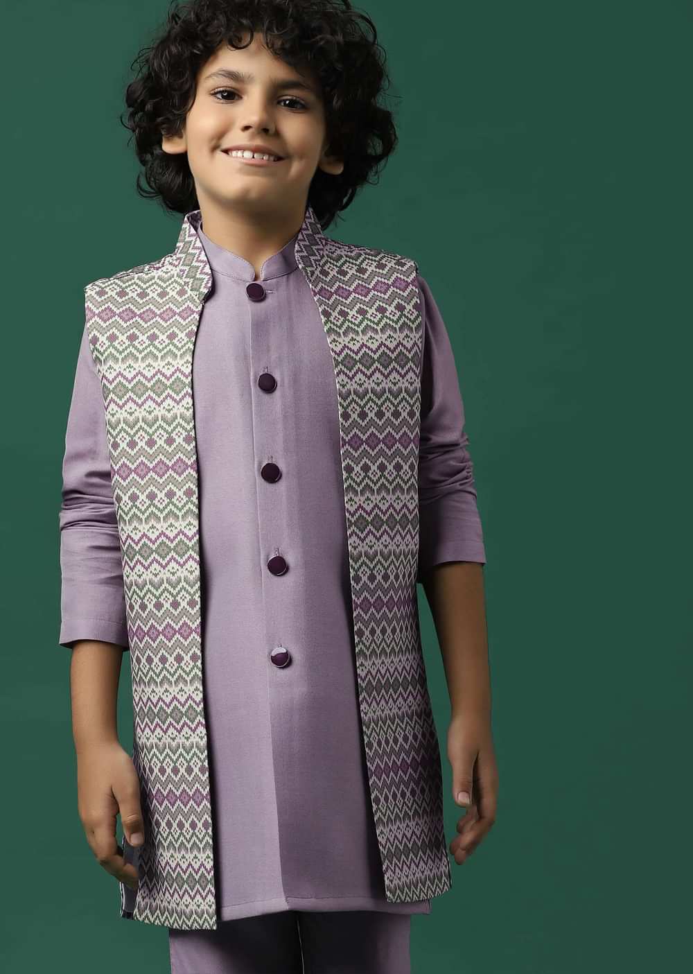 Kalki Lavender Purple Printed Kurta Jacket Set In Silk For Boys