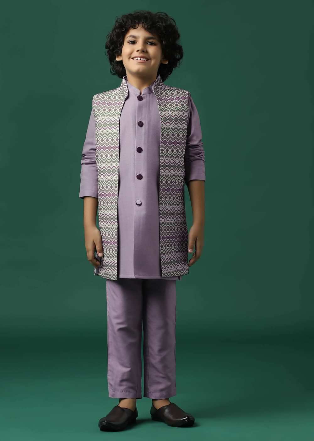 Kalki Lavender Purple Printed Kurta Jacket Set In Silk For Boys